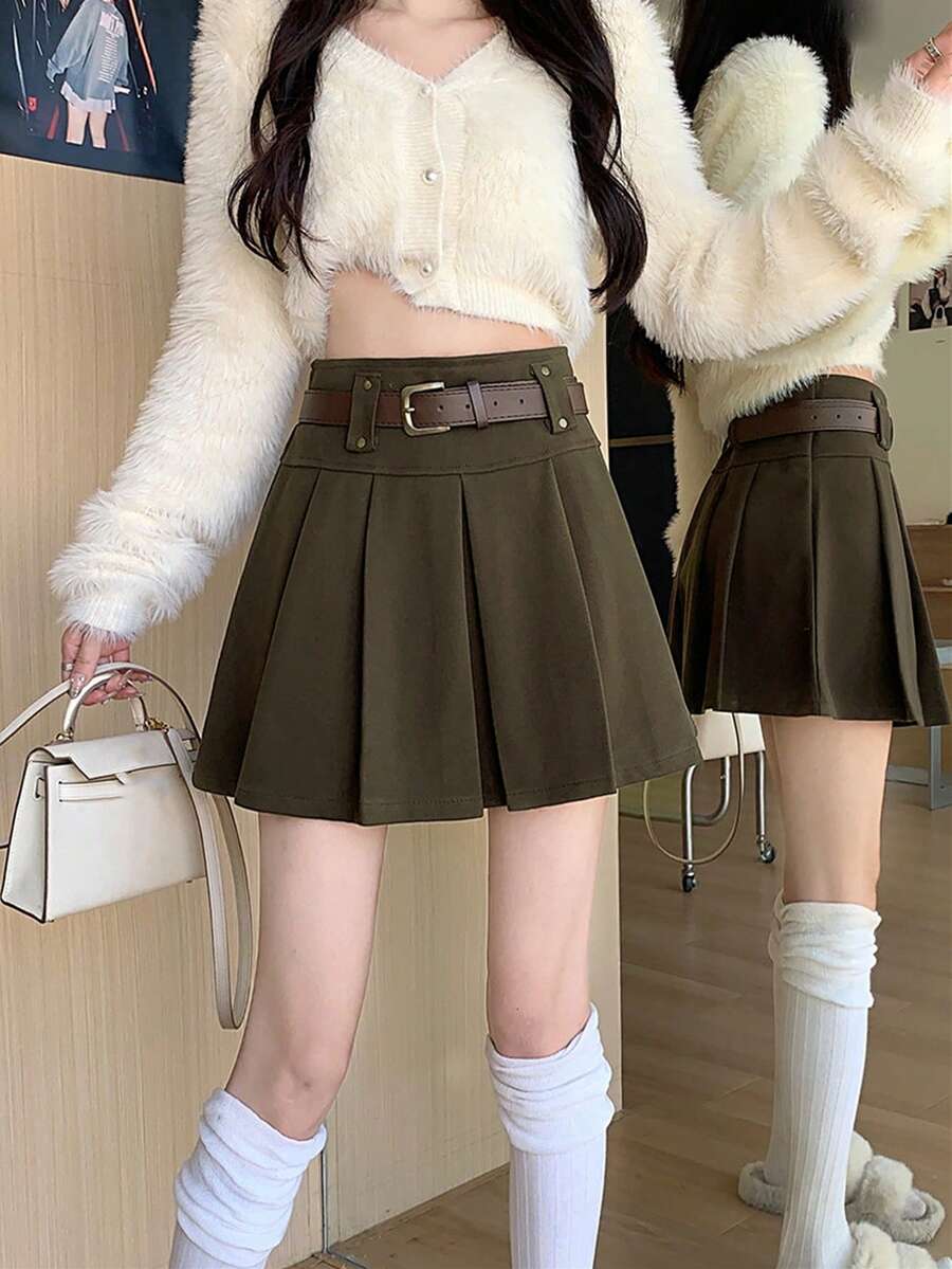 New Autumn/Winter High Waist A-Line Pleated Wool Blend Mini Skirt With Belt - Coffee Brown - View 1