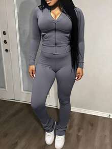 LovelyWholesale Women'S Casual Stand-Up Collar Long-Sleeved Zipper Fall Outfits For Women Top And Slim-Fit Pants 2 Pieces Set Autumn Clothing For Women - Dark Grey - View 10