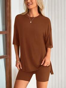 PRETTYGARDEN Women's Summer Clothes 2 Piece Sets Lounge Set Casual Oversized Shirts Biker Shorts Matching Airport Travel Sweatsuit Set Women Vacation Outfit Brown Summer Brunch Outfits For Women - 棕色 - 查看 6