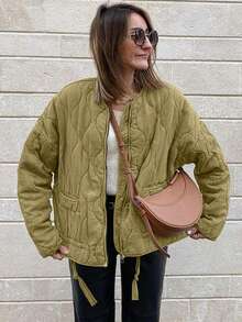 Womens Winter Quilted Jacket Collarless Lightweight Oversized Puffer Coat Zip Up Drawstring Casual Outerwear - 軍綠色 - 查看 1