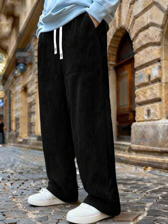 Men's Corduroy Loose Wide-Leg Pants For All Seasons, Minimalist, And Retro With Draping Effect