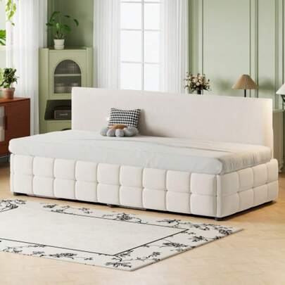 Polsterbett Sofabett 90*200 Cm, Mit Hydraulischem Stauraum, Rückenlehne Ohne Armlehnen, Mit Markantem, Klassischem Karomuster Am Unteren Rand. Multifunctional Einzelbett, Samtstoff Beige