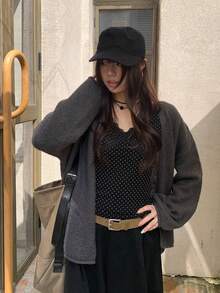 蕾丝波点短袖V领修身套头衫，女士休闲黑色夏季款 - 黑色 - 查看 6