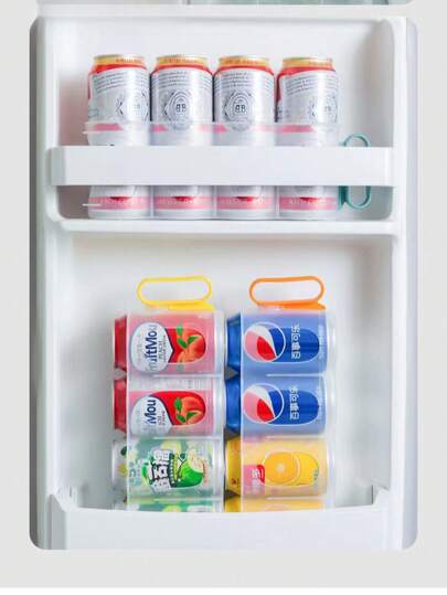 Organizador de latas de alumínio para geladeira, ideal para bebidas como refrigerantes e cervejas. Multicamadas, transparente e reutilizável. Perfeito para organizar sua geladeira e cozinha.