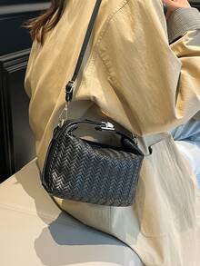 1 pieza Mini bolso con textura trenzada falsa en forma de caja, bolso bandolera de PU con correa ajustable y cremallera, bolso de mano de moda para uso diario, citas, compras, trabajo - Negro - Ver 9