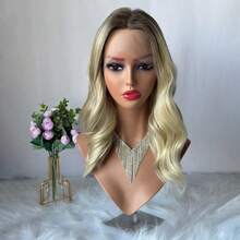 Natürliche vorausgerissene Haaransatzlinie mit Baby-Haar Farbverlauf Braun Blond Synthetische HD Spitzenfront Perücke 13x4 Freier Scheitel Perücke für Frauen Kurze Wellen Bob - Verschiedenfarbig - Übersicht 9