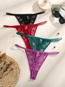 FINETOO 4pcs/Set Plus Size Women Lace Pattern Sexy See-Through Low Waist Thong Panties - Multicolor - View 6