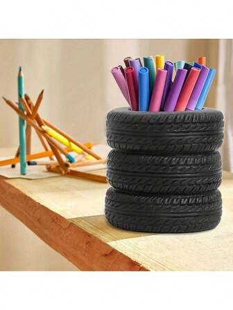 Funny Tire Shaped Office Desk Pen Holder - Plastic, Office Decoration Accessories And Stationery Gifts, Suitable For Boys And Girls,Pens,Pen,Stationery,Pencil Case,Pencil Pouch,School,Pencil Case Big,Office Equipment,Things For School,Note Paper,Kawaii Decor,Back To School,Pens,School Stuff