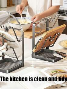 U-Shaped Slot Kitchen Pot Lid Organizer Rack, Multi-Function Stainless Steel Countertop Pot Lid Holder With Removable Drip Tray, Holds Pot Lids, Utensils And Small Items - Multicolor - View 3