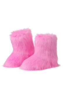 EdgyElongate Women's Winter Christmas Fur Boots Fuzzy Fluffy Round Toe Suede Booties Flat Heel Slip On Furry Snow Boots Fashion Warm Fluffy Shoes - 粉色 - 查看 7