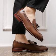 英伦风乐福鞋，男士复古棕色商务正装鞋，时尚流苏小皮鞋，木质鞋跟，低帮男士皮鞋，派对鞋 - 棕色 - 查看 11