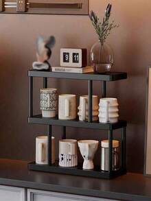 Étagère de rangement moderne noire à 3 niveaux, unité d'étagères multi-couches - étagères en décalage autoportantes, cadre noir, idéal pour la cuisine, la salle de bain, la chambre - étagère de rangement décorative gain de place, design compact, facile à nettoyer, alliant esthétique et fonctionnalité. Idéal pour exposer des livres, des tasses, de petits articles. - Noir - Voir 2