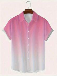 Ombre Short Sleeve Button-Up Collared Shirt For Men, Suitable For Summer Vacation, Hawaiian Inspired - Pink - View 2