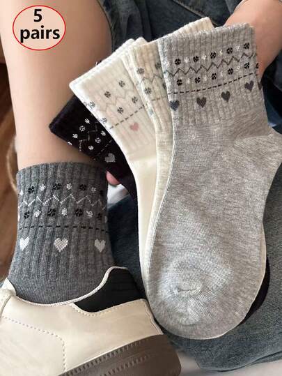 5双秋冬日系爱心ins复古灰色运动舒适短袜