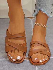 New Summer Flat Criss-Cross Strap Beach Sandals, Casual Holiday Roman Shoes For Women - Brown - View 1