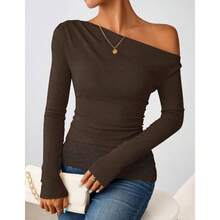 - Blusas de manga larga con hombros descubiertos para mujer, estilo casual, cuello barco, encaje ajustado, para salir, Y2k - Café + G - Ver 2