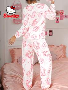 Sanrio 三丽鸥两件套女士Hello Kitty睡衣，Hello Kitty睡衣，三丽鸥睡衣，粉白配色，保暖舒适，字母爱心印花，圆领睡衣套装，可爱睡衣套装，家居服套装 - 白色 - 查看 2