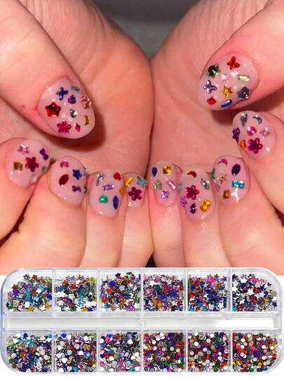 1 caja de 12 rejillas de mini piedras de rhinestones planos y brillantes de resina para decoración de uñas - Forma simétrica DIY Encantos para uñas Gemas para uñas Suministros para uñas