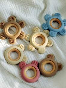 1个婴儿硅胶木环牙胶，适合婴幼儿磨牙，小熊和花朵造型，多种颜色可选，柔软舒适，婴儿用品 - 彩色 - 查看 1