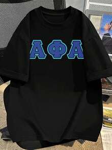 Camiseta negra para hombre con estampado de letras griegas, tejido de alta calidad, cuello redondo, ajuste cómodo, diseño gráfico. - Negro - Ver 2