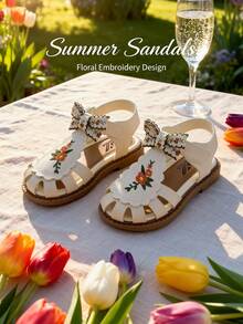 New Summer Girls Fashionable Closed Toe Sandals, Bowknot & Embroidered Flower Decor, Classic & Versatile, Soft & Non-Slip, Casual For Walking, Beach Vacation And Daily Wear - 米色 - 查看 3