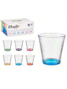 CLICKYA - Pack de 6 Vasos de Cristal con Base Coloreada, Aprox ø9,29x9,29cm, Ideal para Agua, Refrescos, Cerveza,310ml - Raya - Ver 2