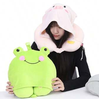 Almohada en forma de U con capucha de espuma de memoria con diseño de dibujos animados, almohada de apoyo para el cuello portátil con sombreado, almohada para el cuello con diseño de animales lindos para avión, coche, oficina, siesta, vuelos largos, viajes por carretera y otros usos esenciales