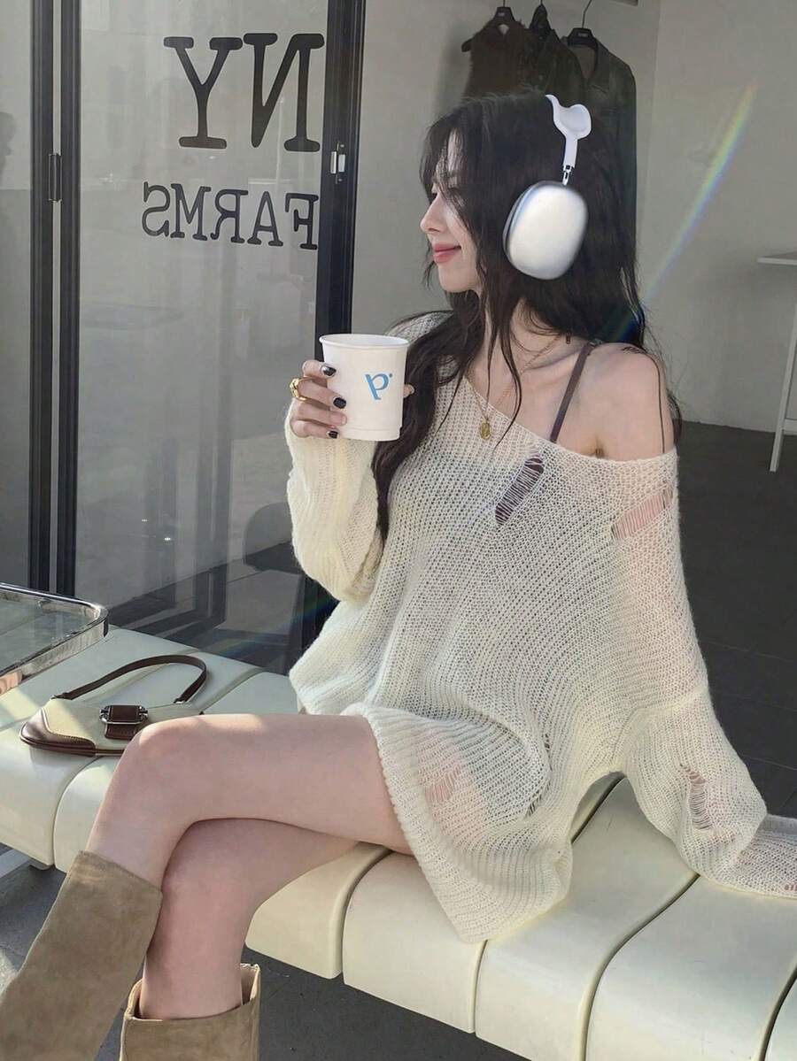 Sexy Apricot Shoulder Cut-Out Hollow Design Pullover Sweater, Suitable For Going Out, Dates, Home, And Commuting, Autumn/Winter Spring - Apricot - View 1