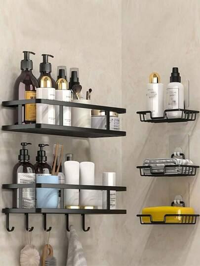 1个防锈淋浴角置物架，带挂钩，壁挂式粘胶淋浴收纳架，浴室储物架，壁挂式悬浮置物架浴室配件