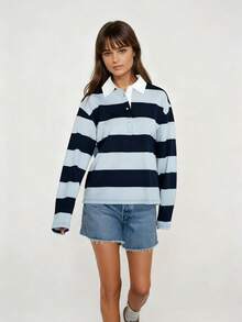 Women Striped Polo Rugby Shirts Y2k Long Sleeve Button Down Oversized Preppy Sweatshirt Vintage Collared Pullover Top - Blue - View 4