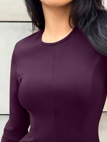 Autumn And Winter Round Neck Tight Daily Wear Knitted Dress Daily - Red Violet - View 3