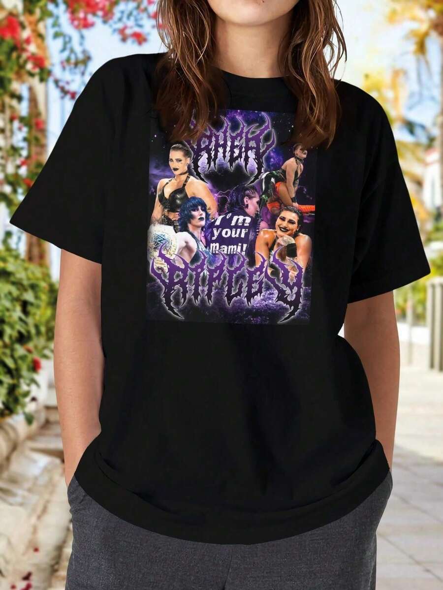 Womens Rhea Ripley Tribute Bootleg Style T-Shirt Wrestling Fan Merch WWE Apparel Pro Wrestling Tee - màu đen - Xem 1