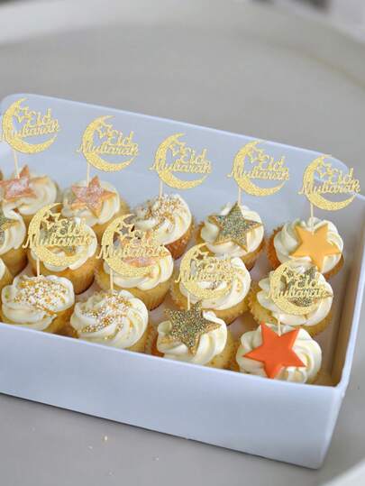 24pcs Gold Glitter Eid Mubarak Cupcake Toppers With Crescent Moon Pattern, Eid Al-Fitr Ramadan Ramadan Party Decorations