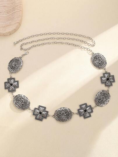 1件金属镀金雕刻锌合金镶钻腰链/腰带，波西米亚和欧式风格，适合魅力四射的时尚派对和音乐节，是送给朋友的时尚礼物。