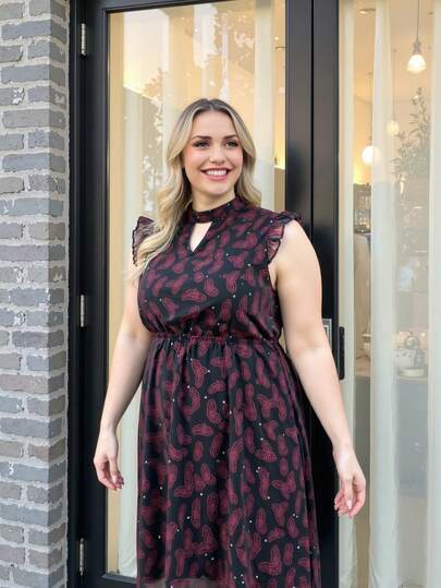 优雅法式女士全印花雪纺腰带修身加大码V领镂空舒适春季茶会连衣裙