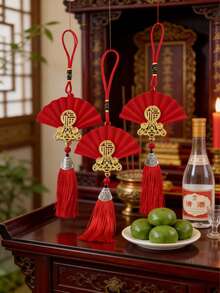 2/10个装天鹅绒扇形挂饰，中国新年传统挂件，汽车挂件，家居装饰配件，质地柔软，饰有金色“福”字和流苏，适用于新年、情人节、复活节、乔迁、婚礼室内/室外装饰，2026马年新年扇形“福”字挂饰 - 紅色扇子 - 查看 11