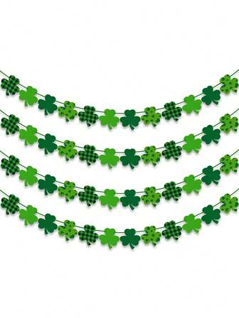 4 st filtklöverkransbanderoll - St. Patrick's Day-dekor - Buffalo Rutig mörkgrön ljusgrön St. Patrick's Day glad banderoll, lämplig för hemmets spismantel, kontor, irländsk dag festtillbehör, även lämplig för restaurang, hotell, sovrum, vardagsrumsdekor
