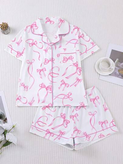HOREA 2pcs Women's Sleepwear Set, Butterfly Print, Romantic Valentine's Day Gift, Comfortable Shirt Collar Short Sleeve Top And Loose Elastic Shorts, Suitable For Parties, Casual Outdoor And Daily Home Wear