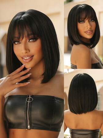 SHDanrtsey Peluca sintética de cabello corto y recto con flequillo, color negro, para mujeres, para uso diario, cosplay y fiestas, resistente al calor. Peluca corta tipo bob elegante para dama, de cabello sintético con redecilla de rosa, de estilo natural adecuada para todo tipo de ocasiones, peluca multifuncional, de alta densidad.