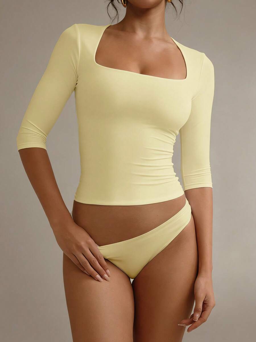 XLLAIS Three Quarter Sleeve T Shirt Double Layer Elasticity Deformable Collar Tight Fitting Top - Yellow - View 1