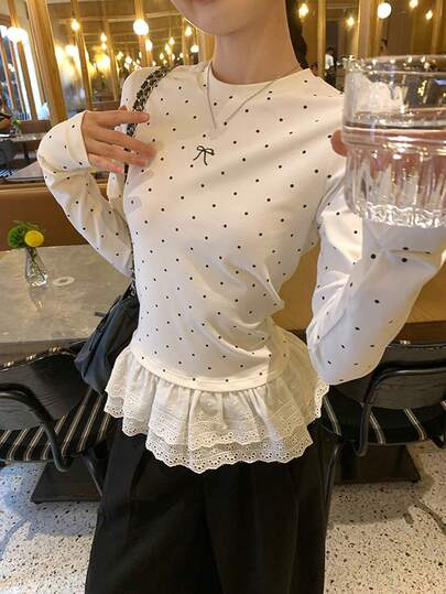 韩版白色波点蕾丝长袖T恤，修身剪裁，适合秋季叠穿