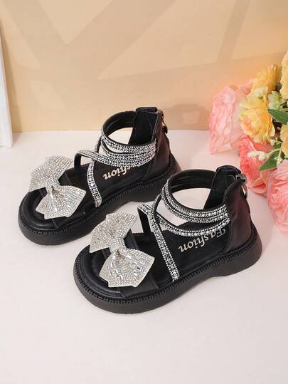Girls' Sandals, Fashion Mid-Sized & Big Kids' Soft Bottom Open Toe Rhinestone Bow Flat Princess Beach Sandals, Summer