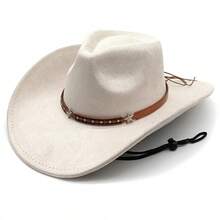 Sombreros de vaquera para fiesta para mujeres y hombres, sombrero fedora jazz de ala ancha enrollada estilo western con correa ajustable para la barbilla. - Blanco marfil - Ver 3