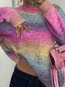 Mejors 女士可爱休闲太空印花彩色街头风 Y2K 风格宽松针织衫，圆领，日常穿着，秋冬款 - 玫紅色 - 查看 3