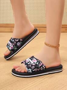 Women's Adjustable Strap Sandals, Outdoor Beach Slippers, Lightweight Flat Slide Sandals, Fashion Printed Slippers - Black - View 3