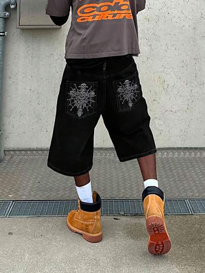 Men's Washed Black Outline Pioneer Hiphop Street Loose Skull Embroidery Denim Shorts, Versatile For Spring/Summer, Emo Style