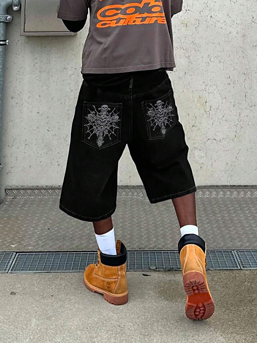男士水洗黑色轮廓先锋嘻哈街头宽松骷髅刺绣牛仔短裤，春夏季百搭，Emo 风格 - 黑色 - 查看 1
