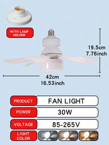 1个16.5英寸方形室内LED吊扇，带遥控器，3档风速可调，可调光，静音电机，定时功能，E26/E27灯座，适用于卧室、厨房、阳台、车库 - 硬线连接，85V-265V