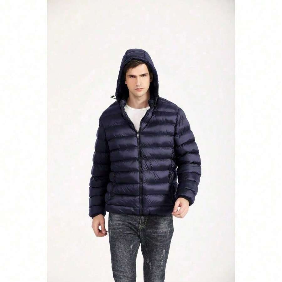 Lightweight Men's Puffer Jacket – Hooded Cotton-Padded Zipper Coat For Winter Cold Weather, Comfortable Travel Outerwear & Christmas Gift Option - Xanh đậm - Xem 1