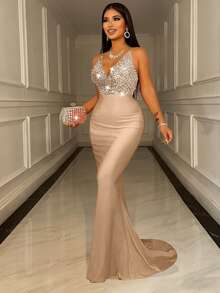 CHOSMO New Sequin Backless Spaghetti Strap Red Wedding Dress, Elegant And Luxurious, High-Waisted Slim Fit Long Style, Suitable For High School Graduation Prom